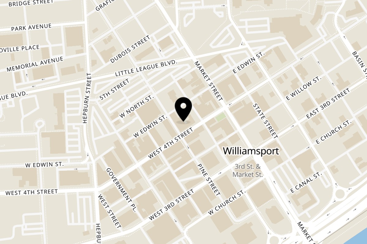 Map showing the location of Vinnies' Italian Eatery on 44 W 4th St in Williamsport